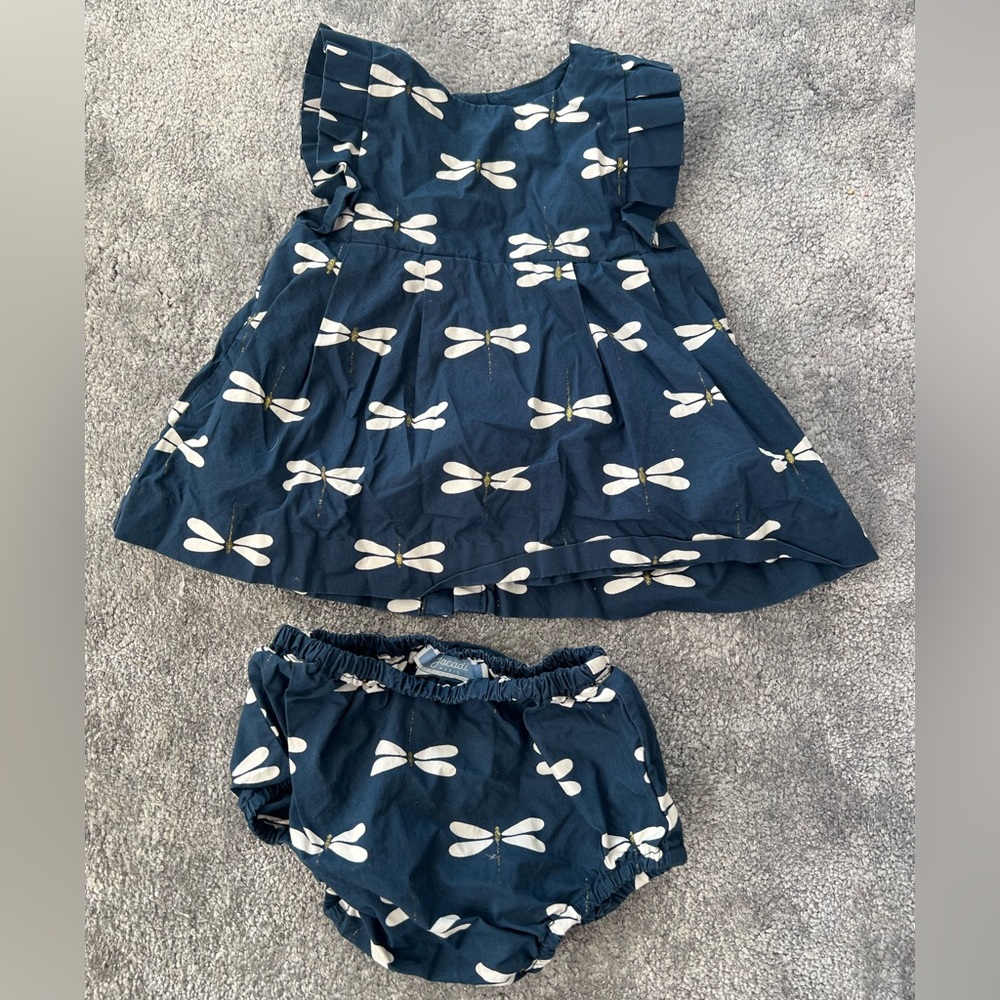 JACADI Paris Baby Girls Navy Blue Dragonfly Print Dress Set Size 1M